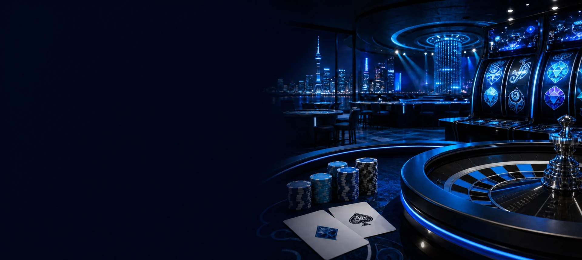 Blue-lit casino floor with abstract roulette, cards, chips and slot reels